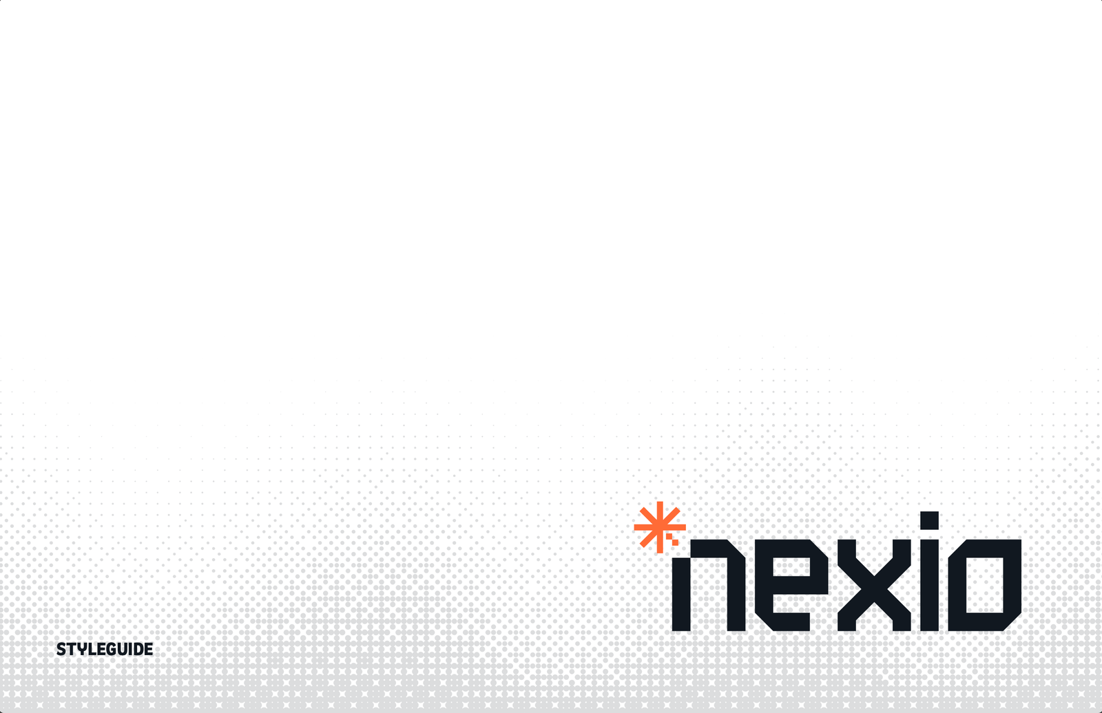 Nexio style guide cover with the Nexio wordmark and orange asterisk over a dotted gray gradient