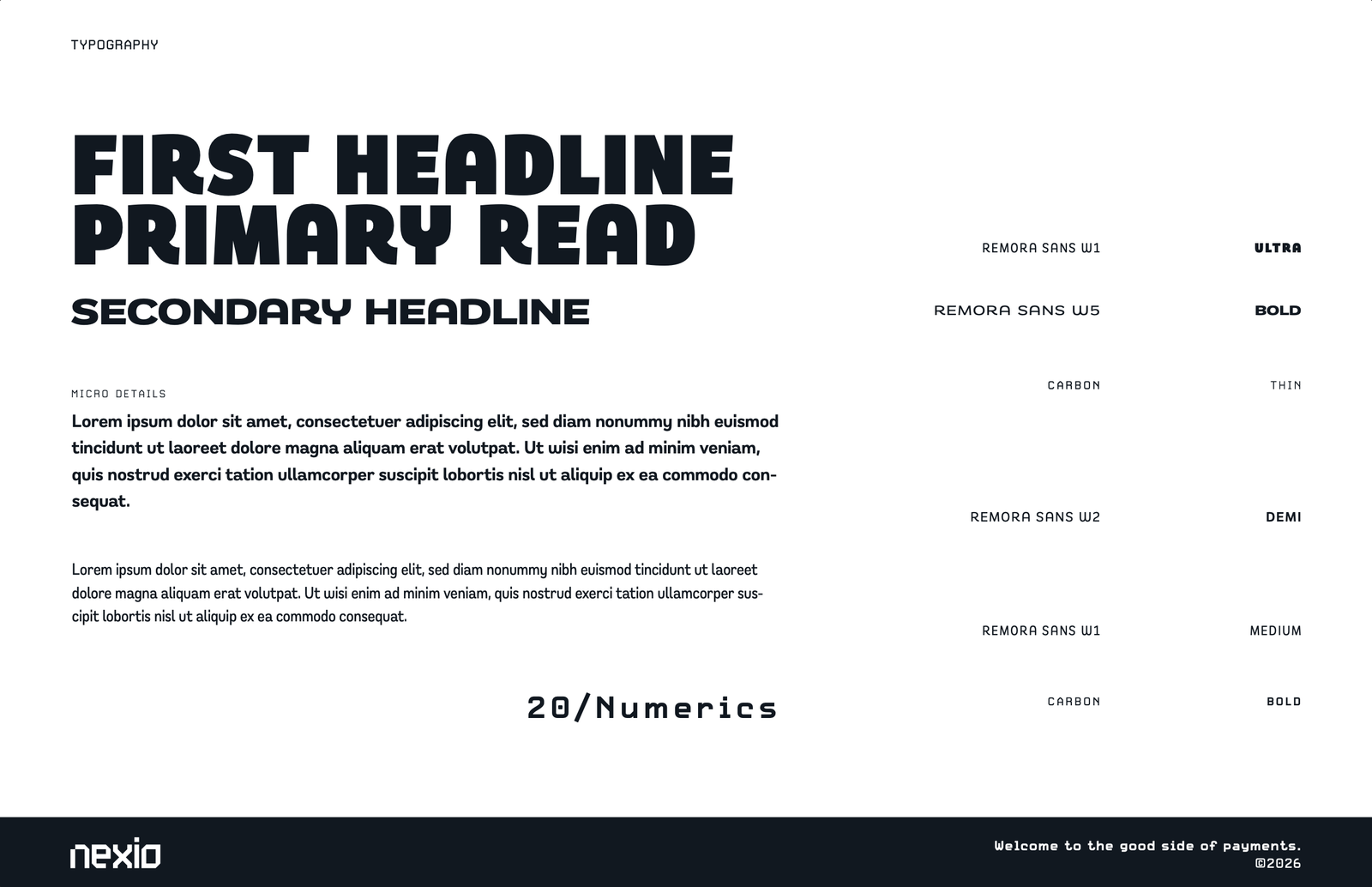 Nexio style guide typography page showing Remora Sans and Carbon headline, body and numeric styles