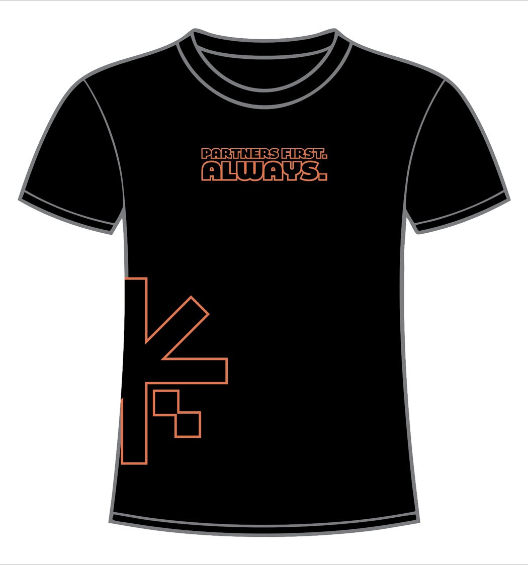Black Nexio t-shirt reading “Partners First. Always.” with an orange outlined Nexio logo mark