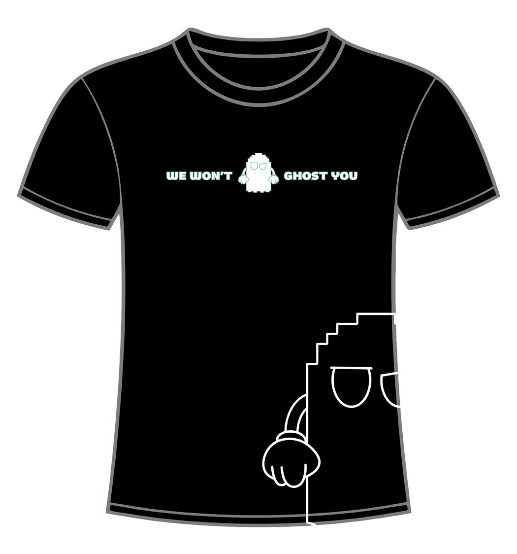 Black Nexio t-shirt reading “We won’t ghost you” with an outlined ghost character peeking from the hem